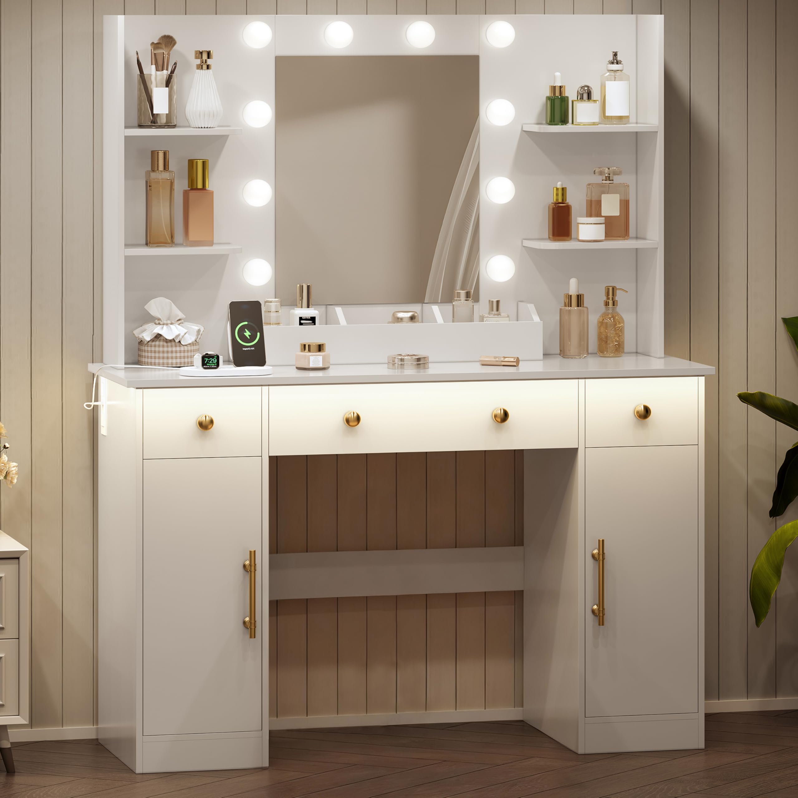 HUANLEGO Vanity Desk with Mirror and Lights, Makeup Vanity with Mirror and LED Lights & Power Outlet, 3 Drawers and Cabinets, 3 Lighting Modes Dressing Table Set for Girls Women Bedroom,Oak