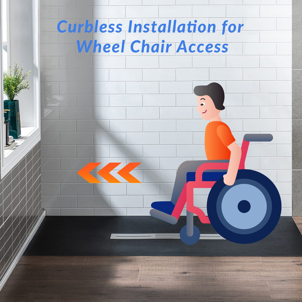 WOODBRIDGE 47.25 in L x 31.5 in W Zero Threshold Shower Base with Center Drain, Decorative Drain Plate, Tile Flange, Wheelchair Access, Low Profile, Black