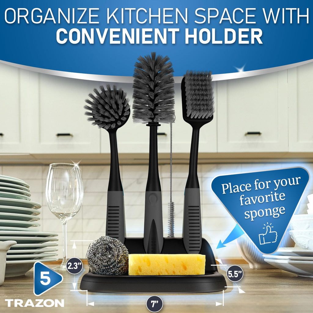 Dish Brush Set of 5 with Holder - Kitchen Scrub Brushes with Non-Slip Long Handle for Cleaning, Scrubber, Dishwashing, Dishes, Bottles, Straws, Cups, Pots & Sink, Baige