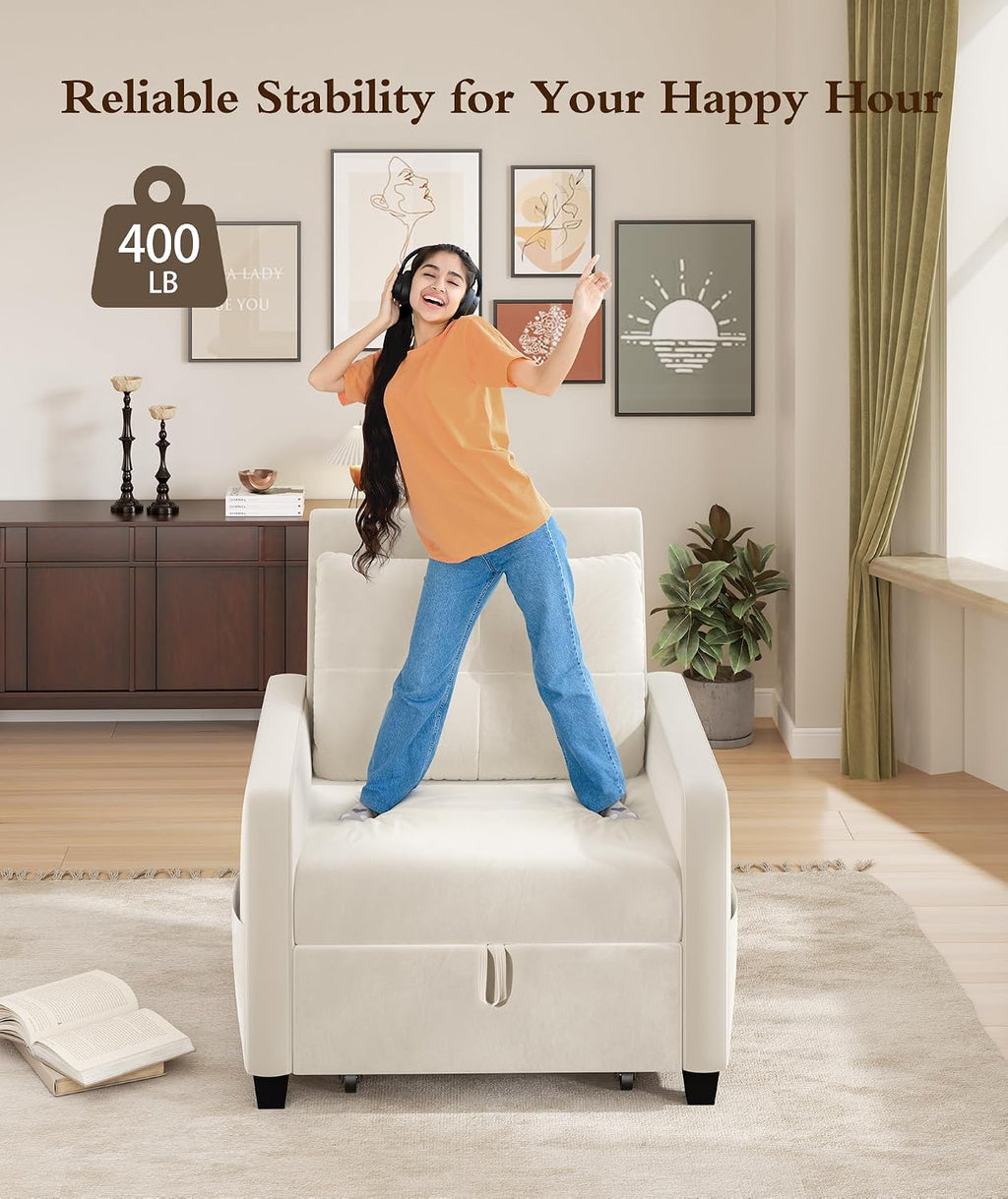 Sleeper Sofa Chair, 3 in 1 Convertible Sleeper Chair with Adjustable Backrest, 32" Pull Out Couch Bed 400lbs Support, Comfy Velvet Small Sofa Bed for Small Space with Pillow & 2 Pockets, Beige