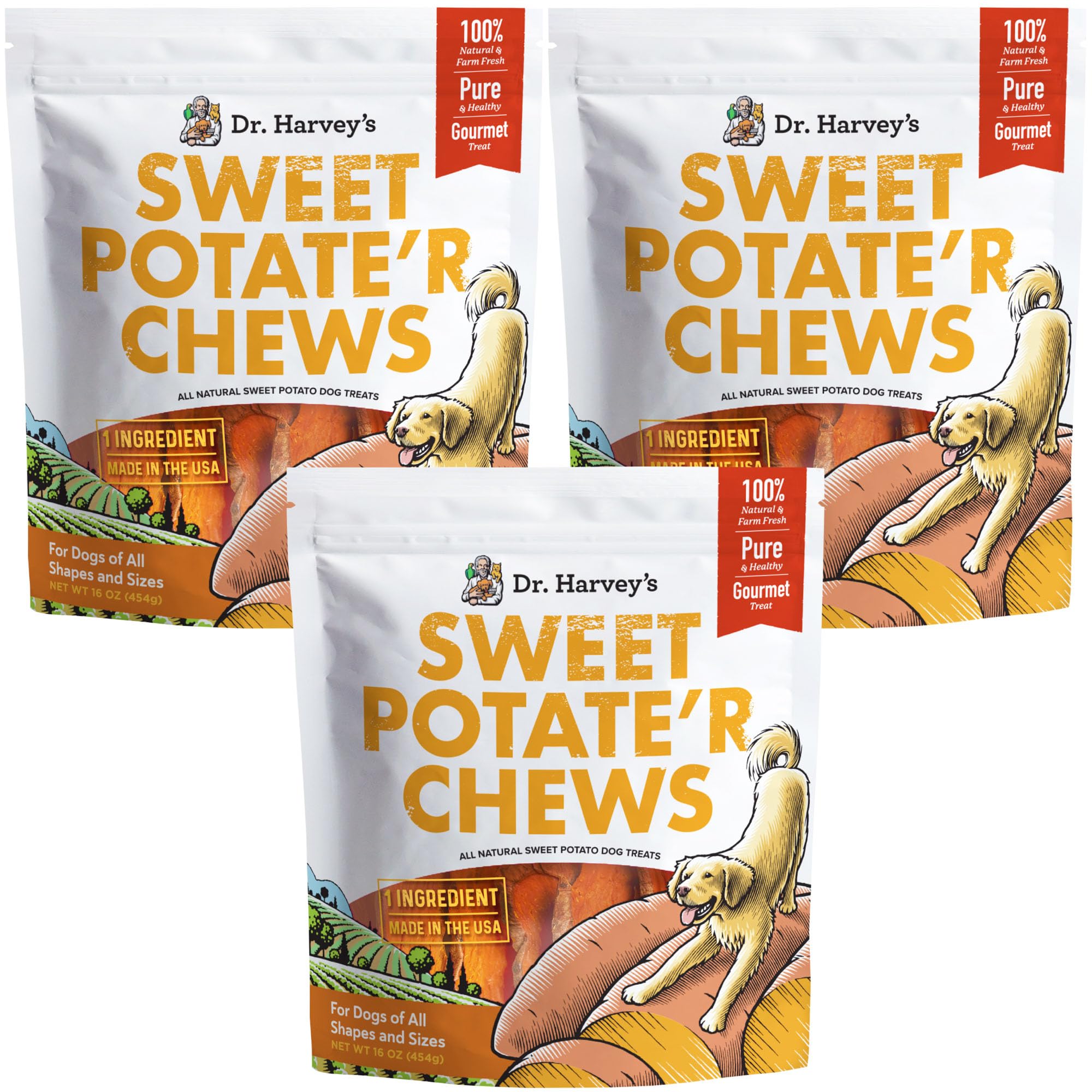 Dr. Harvey's Sweet Potato Chews for Dogs, Dog Treats for Small, Medium, Large Dogs, Natural Dog Snacks for Training, Healthy Teeth, Preventing Bad Breath, and Aggressive Chewers, USA Grown (1 Pound)
