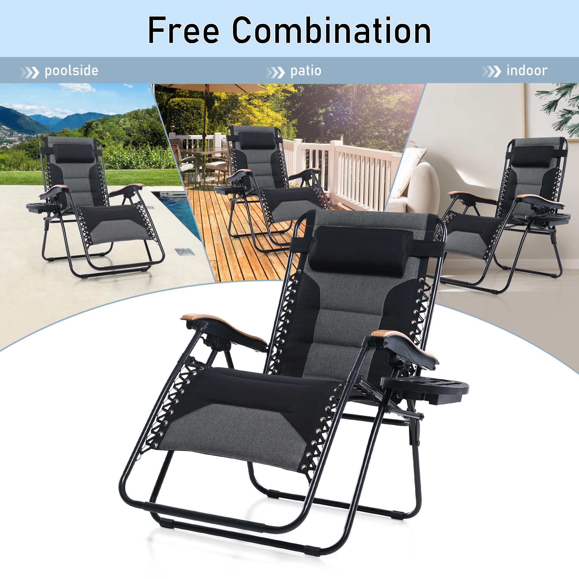 PHI VILLA XXL Oversized Padded Zero Gravity Chair Set of 2, Foldable Patio Recliner, 30" Wide Seat Anti Gravity Lounger with Armrest and Cup Holder, Support 400 LBS (Aqua Blue)