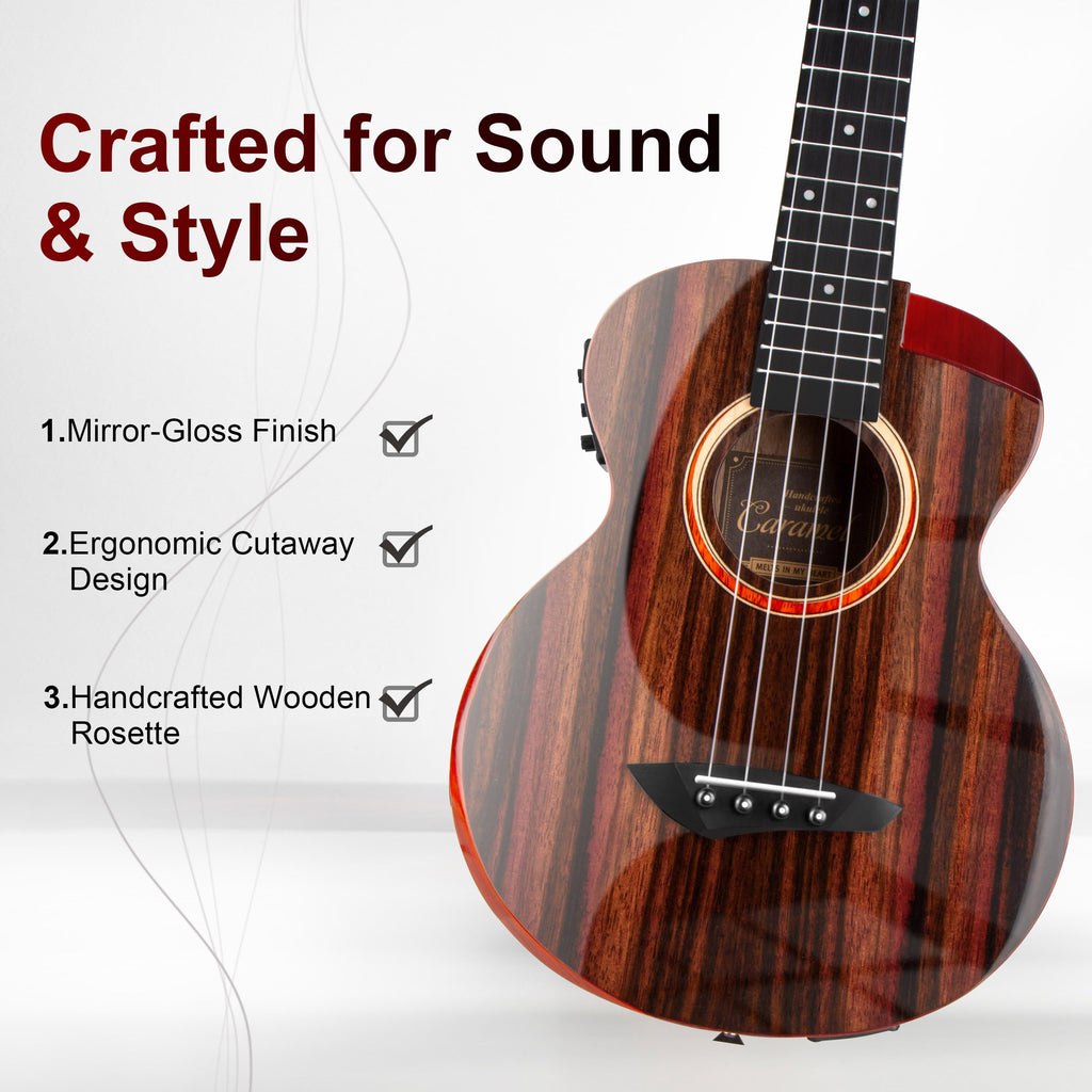 Caramel TEG95 Butterfly Bocote Glossy Tenor Acoustic & Electric Ukulele | 26-inch Handmade Professional Ukelele Kit with Accessories