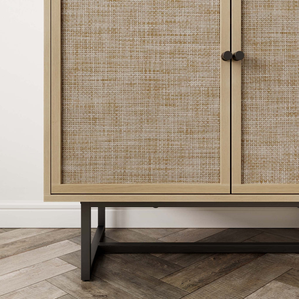 Nathan James Kova Rattan Wood Accent Sideboard Storage Cabinet with Matte Metal Frame, Adjustable Interior Shelves and Cane Doors, for Hallway, Entryway or Living Room, Black Oak/Cane