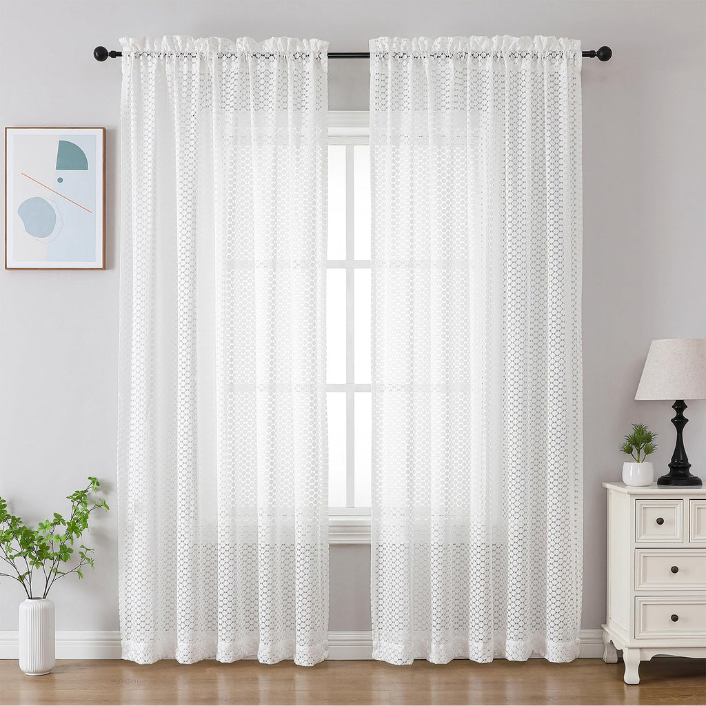VISIONTEX Sheer Curtains 63 Inches Long 2 Panels Set, Beige and Ivory Moroccan Embroidery Texture Geometric Rod Pocket White Voile Tulle Semi Window Treatment Pair for Bedroom, W54 x L63