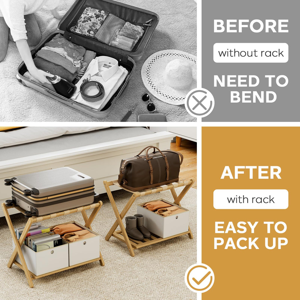 oakvivo Fully Assembled Black Luggage Rack for Guest Room, Bamboo Foldable Suitcase Stand with 5 Nylon Straps, Upgraded Luggage Rack Holder with Shelf for Bedroom Hotel, Holds up to 165 Lbs, 1pcs