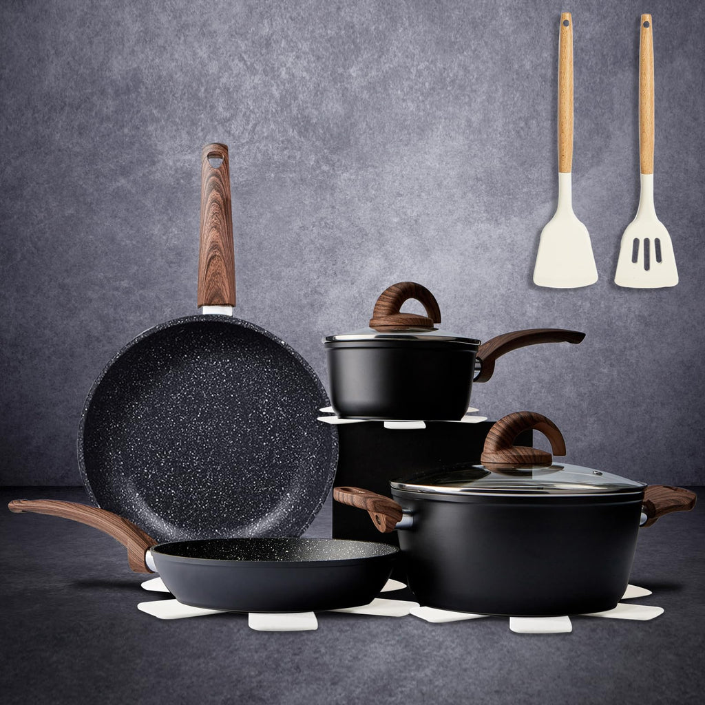 Vkoocy Pots and Pans Set Non Stick, Ceramic Cookware Set with Granite Pattern Kitchen Cooking Sets Induction Pot and Pan w/Frying Pans, Saucepans, Casserole, Non-Toxic, PTFE/PFOA/PFOS-Free, Black