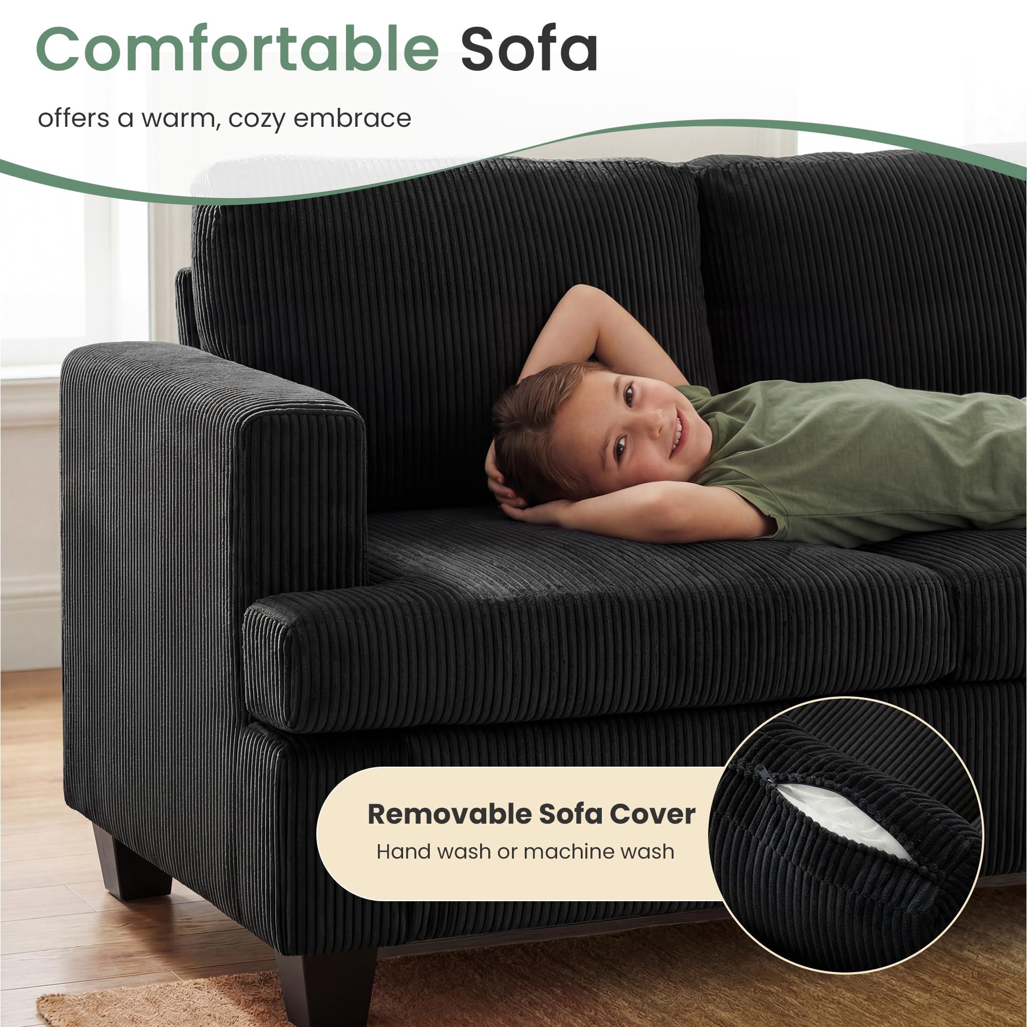 YOUDENOVA 2 Piece Set Comfy Sofa Couch, Loveseat Sofa * 2 with Deep Seats, Modern Sleeper Couch for Living Room, Black Corduroy