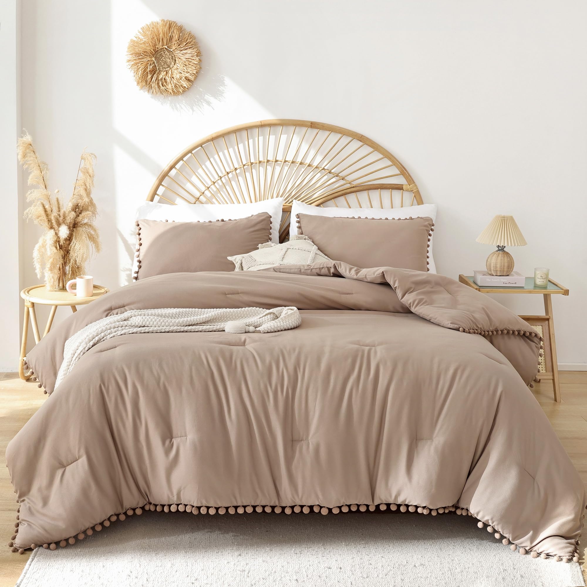 YIRDDEO Twin Comforter Set - Comforter Twin Size Bed with Ball Pom Fringe, Soft Bedding Set for All Seasons - 2 Pieces, 1 Comforter (66"x90") & 1 Pillow Sham(20"x26"), Beige