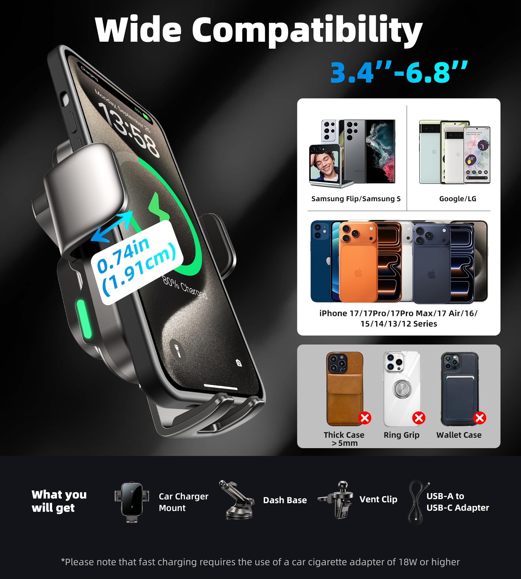 Dual Coil 15W Car Phone Holder Wireless Car Charger -Auto Clamping- Charging Phone Holders for Your Car Dash Vent Windshield, for Flip S25/S24/S23/S22, iPhone 17/16/15/14