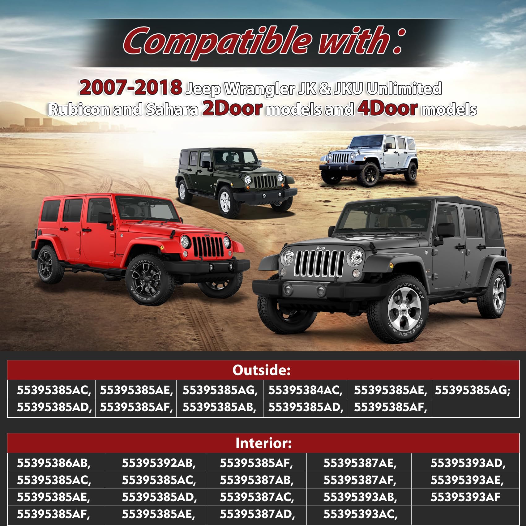 Jeep Wrangler JK 2 Door Hinge Assembly Kits Compatible with 2007-2018 Jeep Wrangler JK JKU Rubicon Unlimited Sahara Inside and Outside (2 Door), Jeep Wrangler JK JKU 2 Door Hinge 8PCS with 18 Bolts