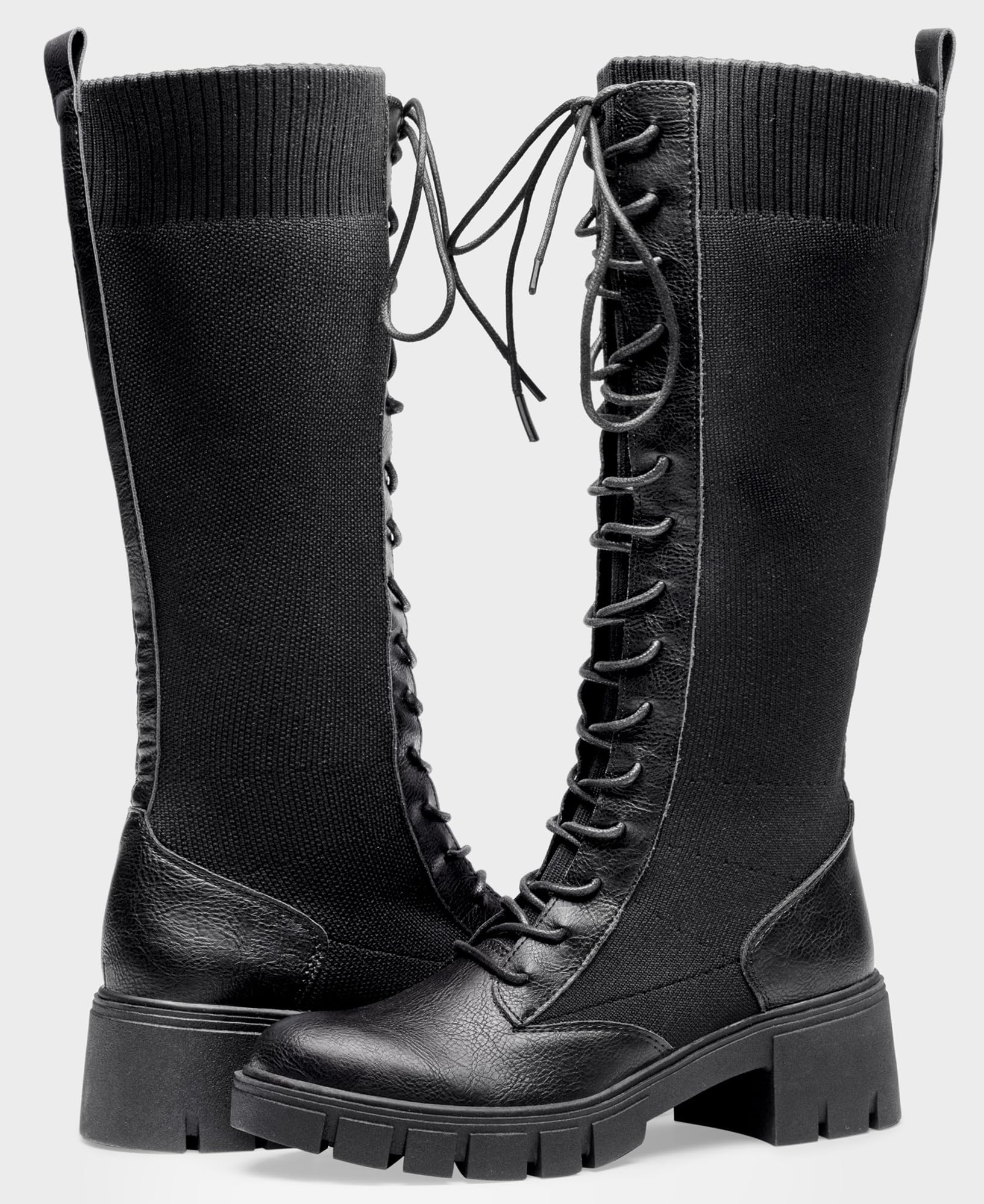 Jeossy Women's Knee High Combat 9603 Boots, Tall Platform Chunky Heel Boots Wide Claf