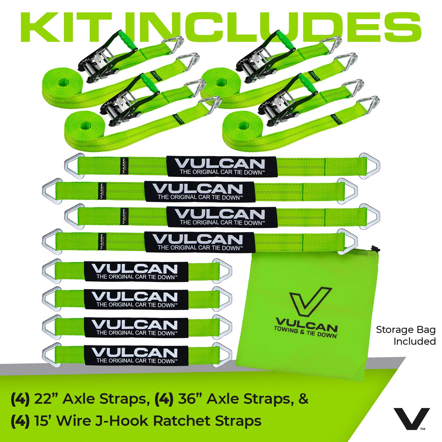 VULCAN Complete Axle Strap Tie Down Kit with Snap Hook Ratchet Straps - Classic Yellow - Includes (4) 22 Inch Axle Straps, (4) 36 Inch Axle Straps, and (4) 8' Snap Hook Ratchet Straps