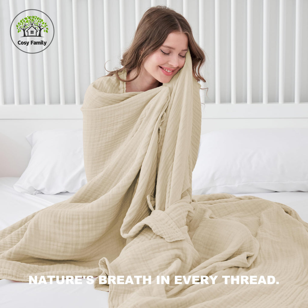 Cosy Family 4 Layer Muslin Bed Blanket - Breathable and Lightweight Gauze Boho Blanket for Spring, Soft 100% Cotton Muslin Blanket, Brown, 55x80 Inches