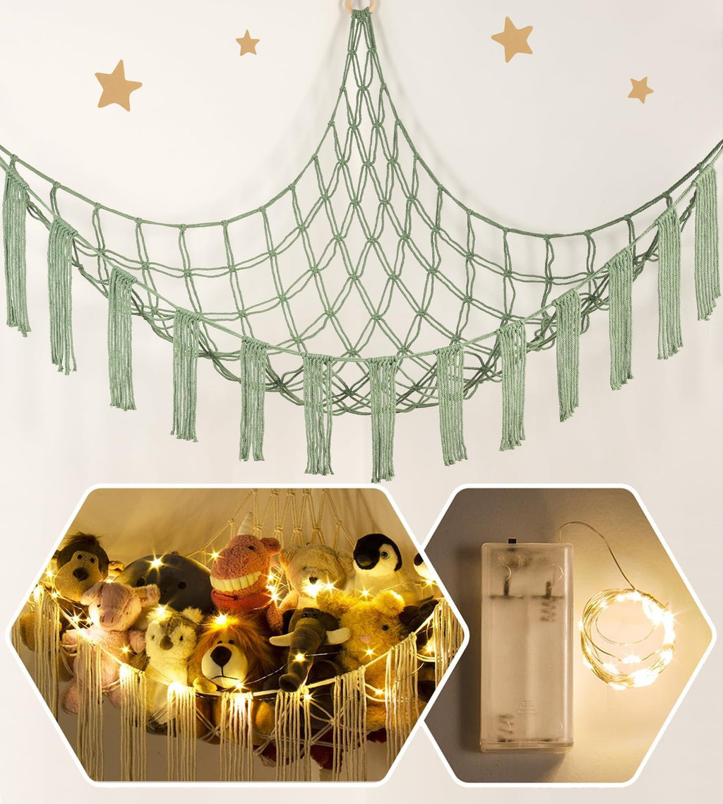 Stuffed Animal Hammock Corner with LED Light - Toy Storage Hammock Plushie Net Large - Cute Stuff Animals Holder Hanging Organizer - Baby Room Decor Kids Toddler Nursery Bedroom Boho