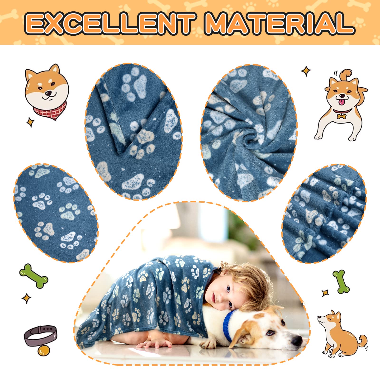 Rezutan 1 Pack 3 Dog Blanket for Large Dogs,41x31 inch for Medium Soft Fluffy Washable Pet Cat Blankets,Reversible Elephant & Paw Print for Dog Kennels & Beds, Sofas, Blue