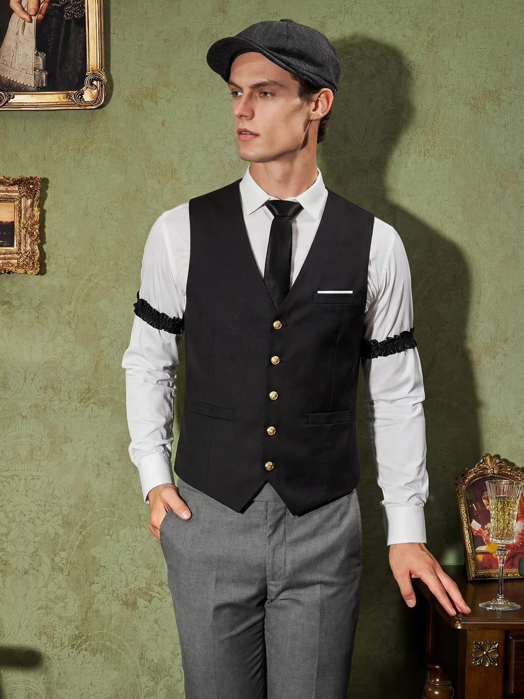 YESSA 1920s Mens Costume,Roaring 20s Costumes for Men,Gatsby Costume Men,1920s Mens Outfit Hat Vest Pocket Watch Tie