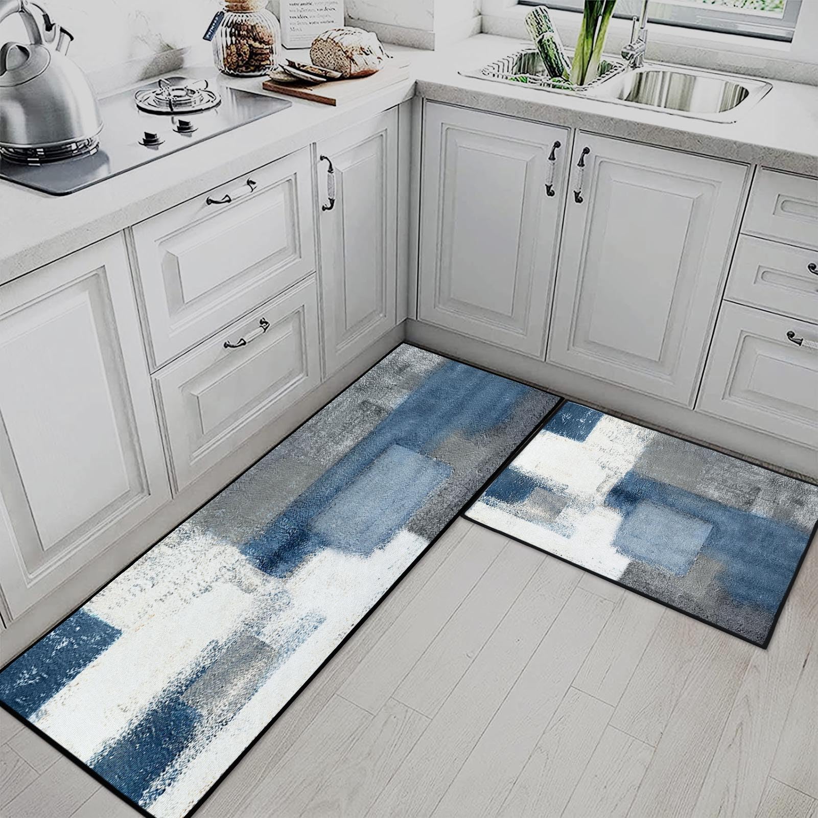 Blue Kitchen Rugs and Mats Non Skid Washable Set of 2, Grey White Modern Abstract Mats for Floor, Geometric Painting Runner Rug Graffiti Art Kitchen Decor