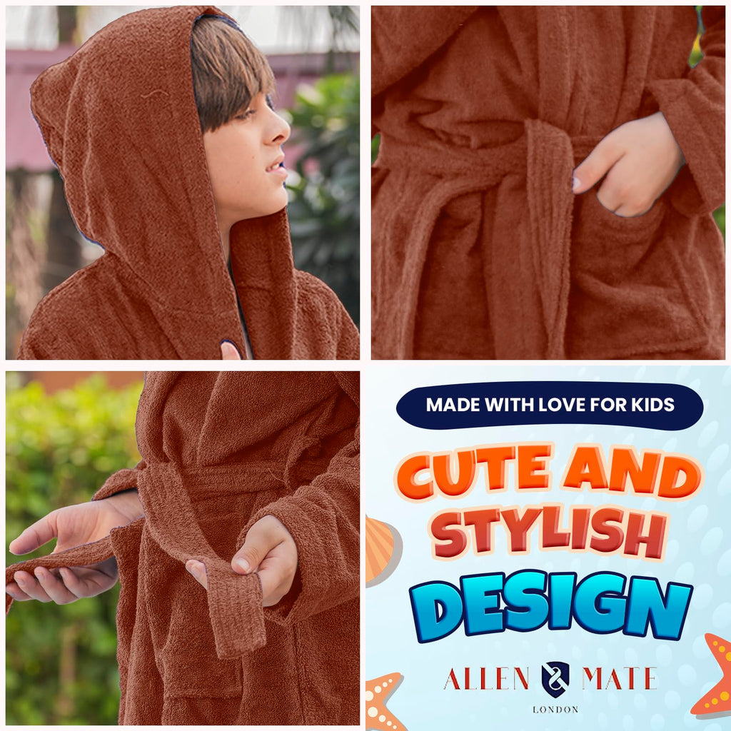 ALLEN & MATE 100% COTTON Hooded Kids Bathrobe – Soft, Medium Weight Absorbent Bath Towel Robe for Boys & Girls, 6-15 Years