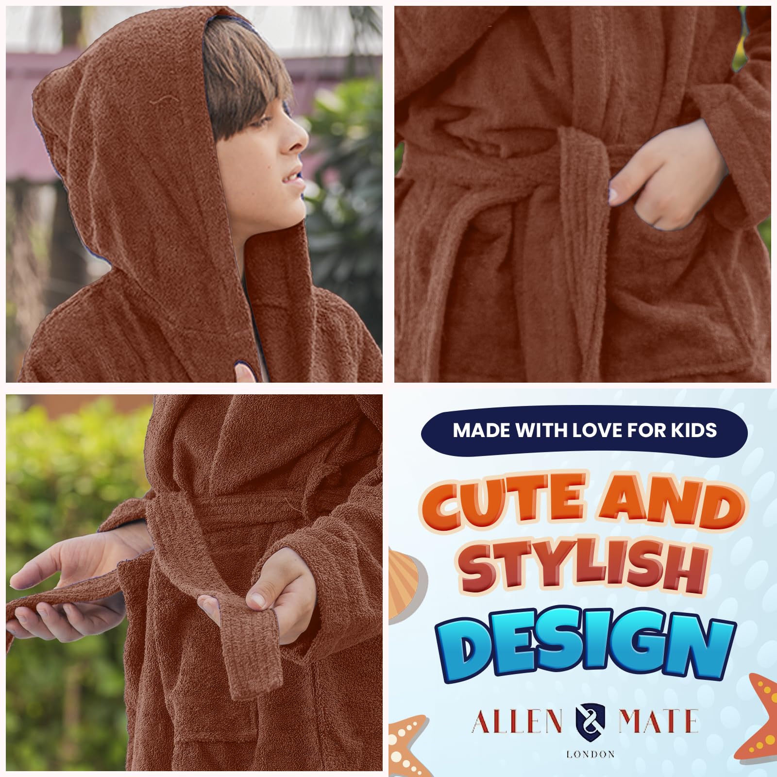 ALLEN & MATE 100% COTTON Hooded Kids Bathrobe – Soft, Medium Weight Absorbent Bath Towel Robe for Boys & Girls, 6-15 Years