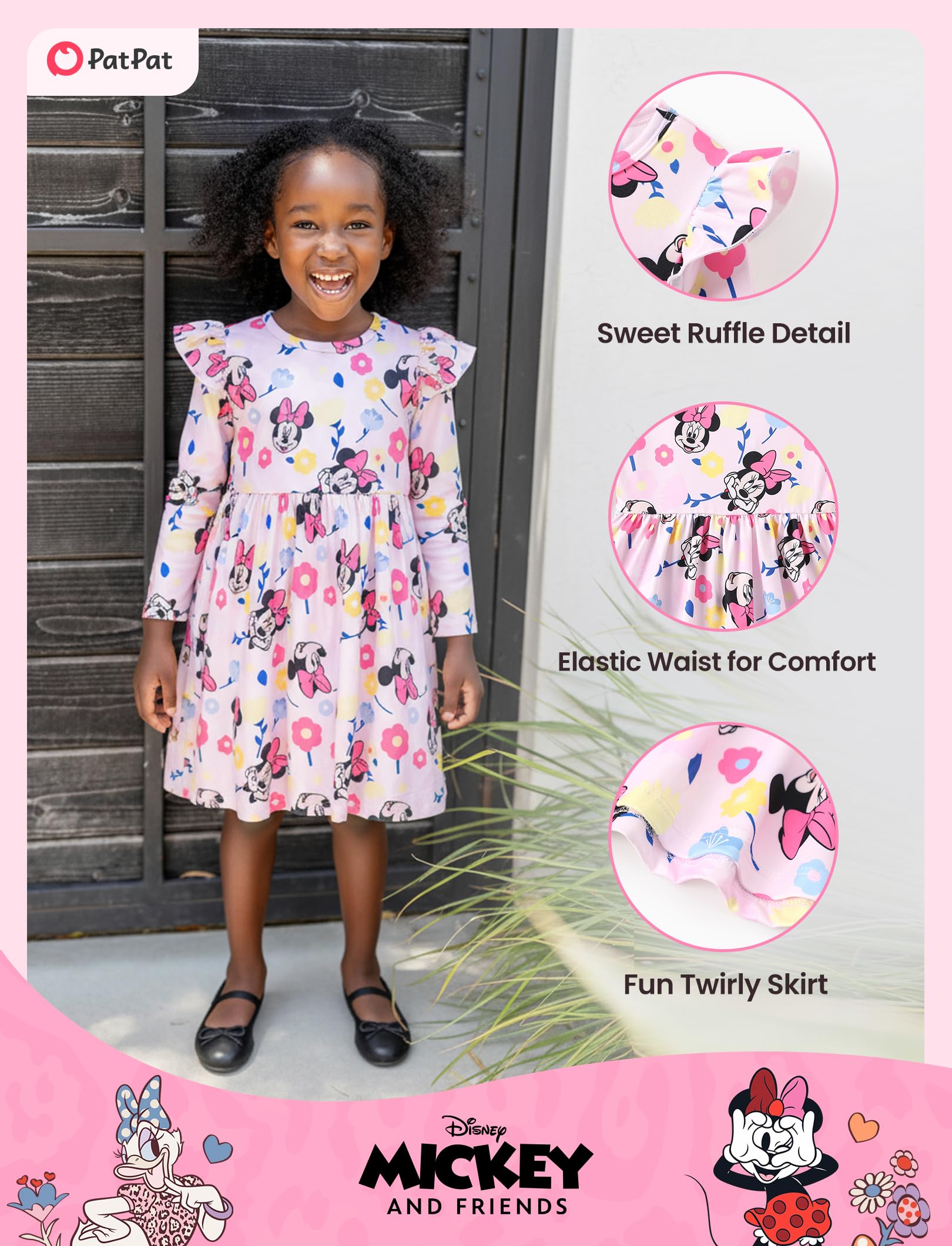 Disney Princess Frozen Elsa Minnie Mickey Stitch Ruffle Sleeve Dress A Line Long Sleeve Kids Clothes Baby to Toddler