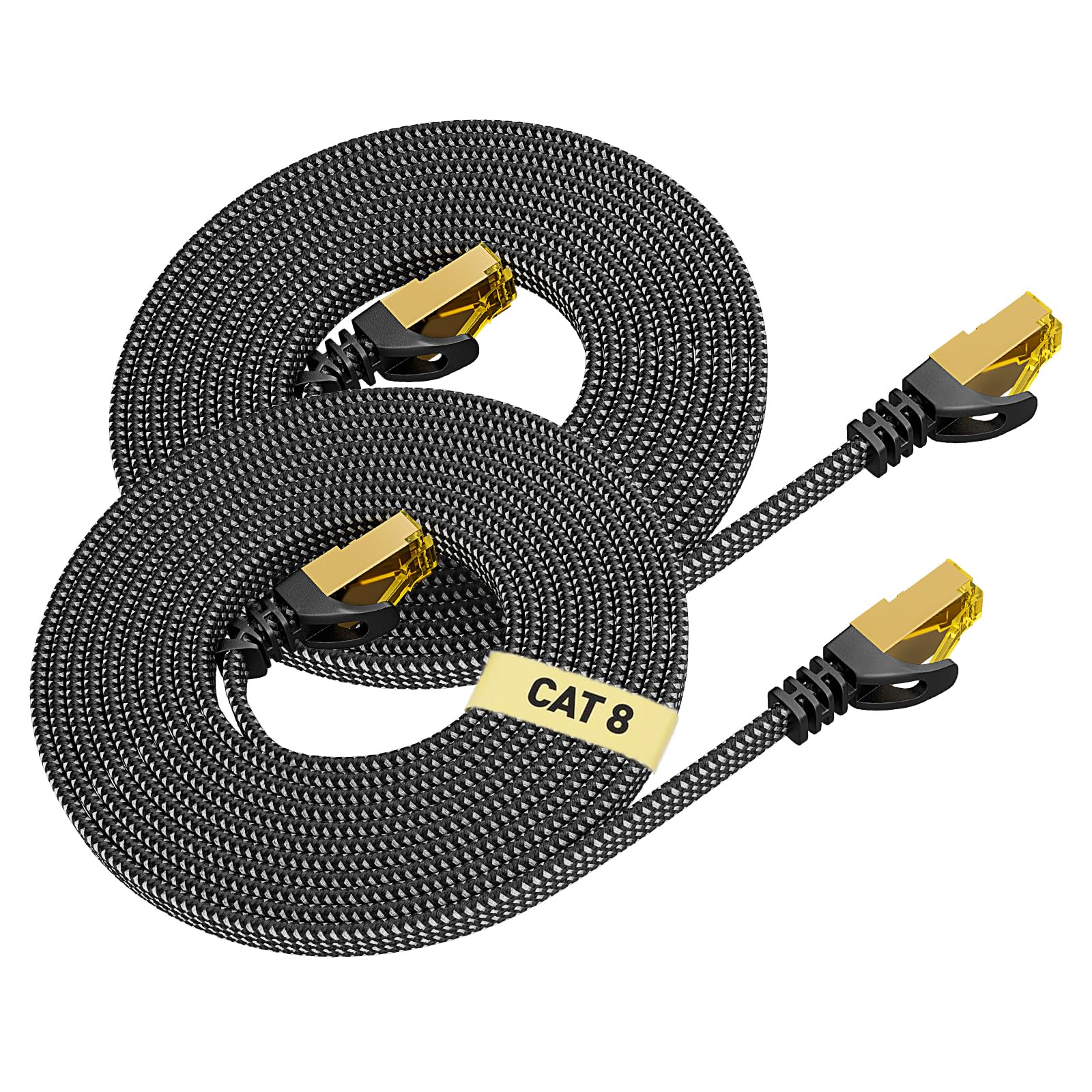 ARISKEEN Cat 8 Ethernet Cable 1 FT 2 Pack, Nylon Braided High Speed Cat8 Network LAN Patch Cord, 40Gbps 2000Mhz Shielded RJ45 Flat Internet Cable (Black)