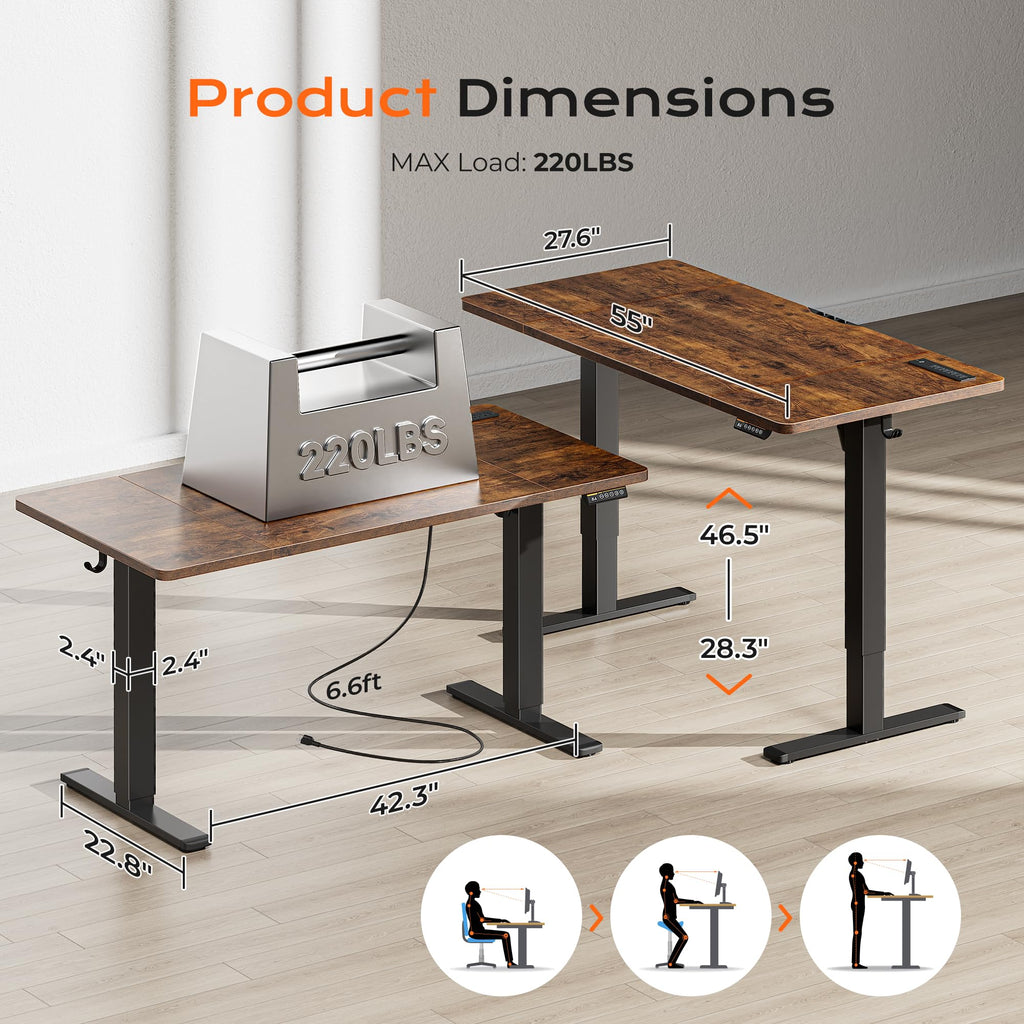 Huuger 48 x 28 Large Electric Standing Desk, Height Adjustable Desk, 27.6" Deep Desktop, Stand up Gaming, 2 Hooks, 3 Preset Heights, for Home Office, Black
