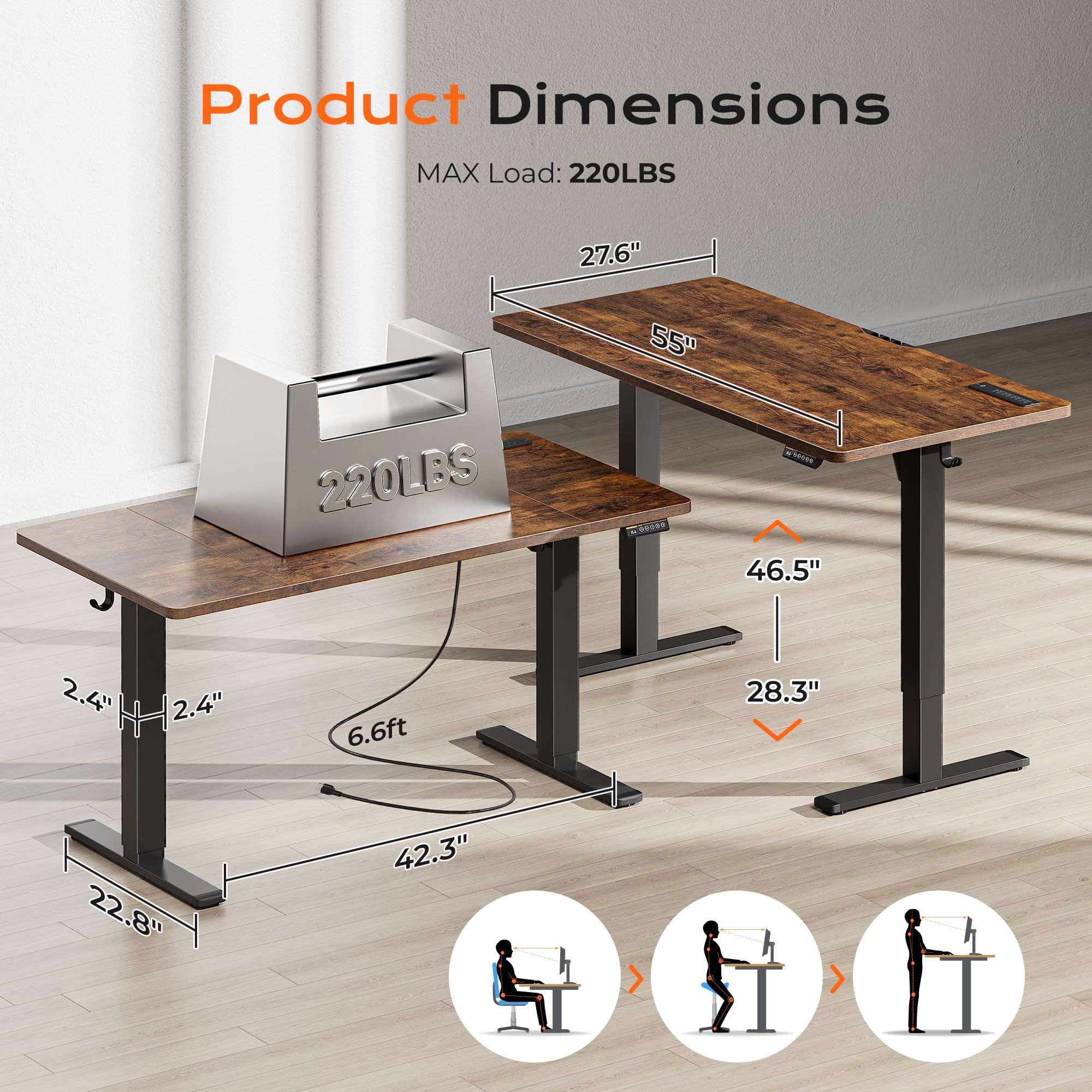 Huuger 48 x 28 Large Electric Standing Desk, Height Adjustable Desk, 27.6" Deep Desktop, Stand up Gaming, 2 Hooks, 3 Preset Heights, for Home Office, Black