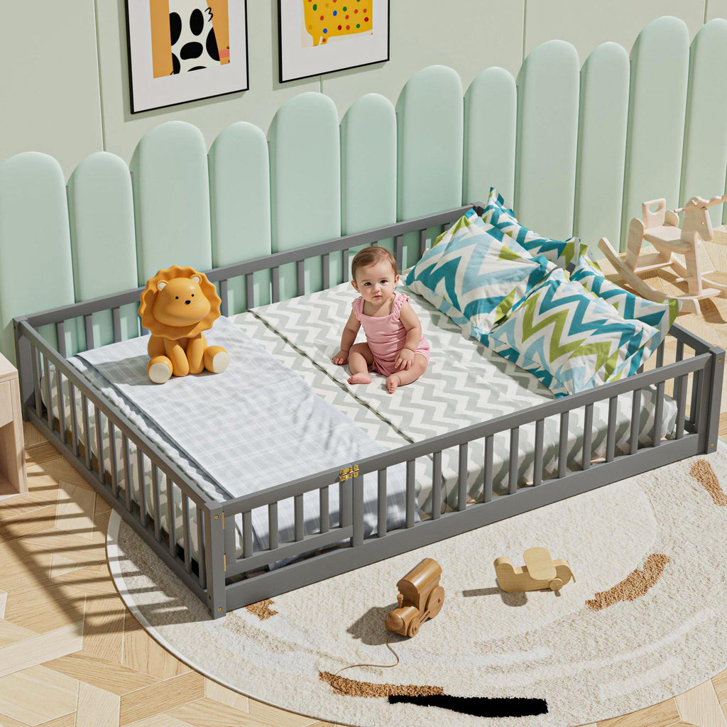 i-POOK Queen Floor Bed for Children, Sturdy Wood Montessori Bed Frame with Wood Slats, High Fence & Small Door for Girls and Boys, Espresso (with Bed Slats)