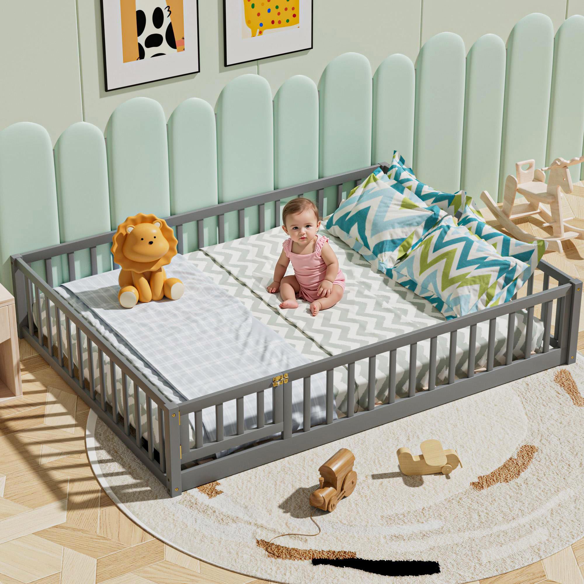 i-POOK Queen Floor Bed for Children, Sturdy Wood Montessori Bed Frame with Wood Slats, High Fence & Small Door for Girls and Boys, Espresso (with Bed Slats)