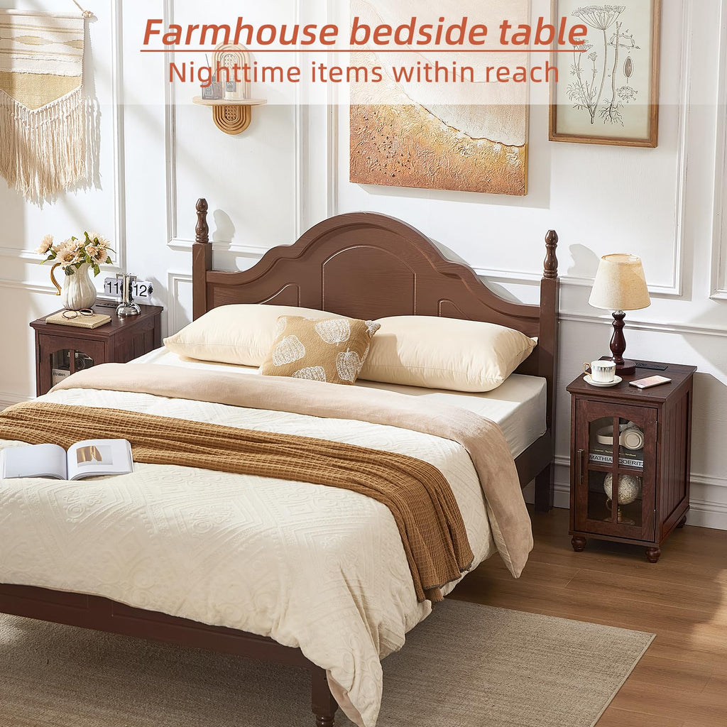 Narrow Side Table,Farmhouse Nightstand with Charging Station,Wood End Table with Glass Barn Door Storage, Cabinet Organizer with Adjustable Shelf, Night Stand for Small Spaces for Living Room Bedroom