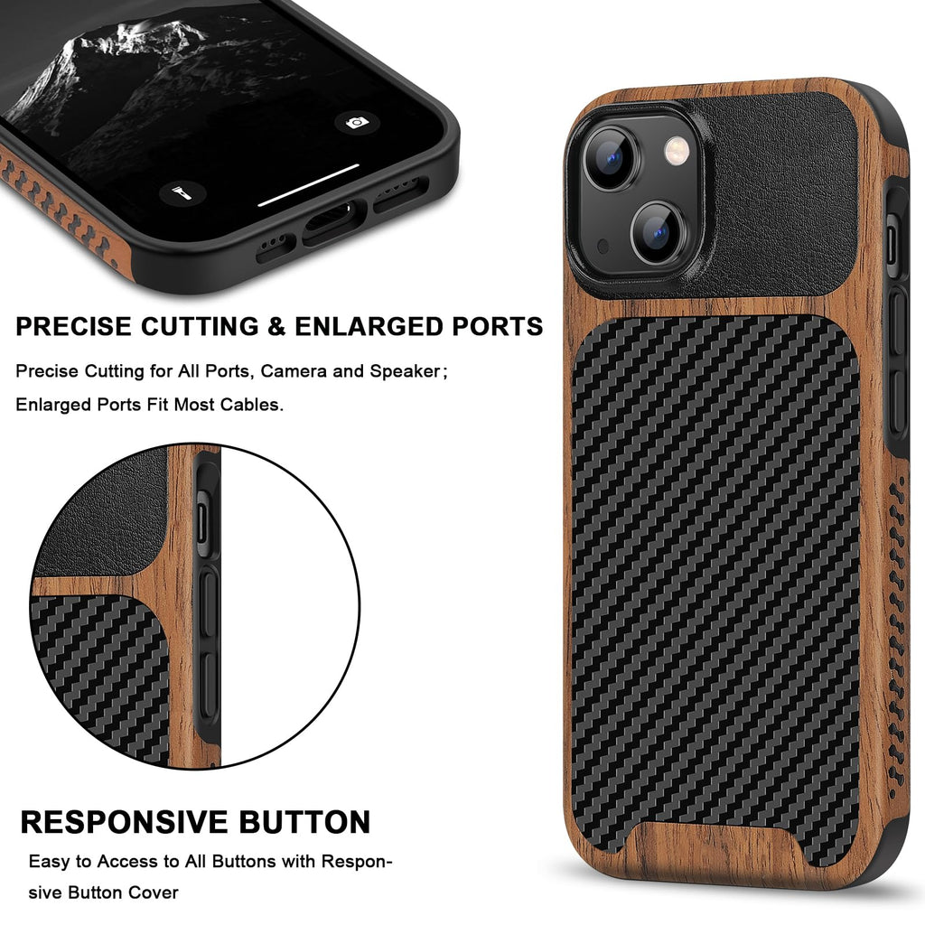 TENDLIN Compatible with iPhone 15 Case Wood Grain with Carbon Fiber Texture Design Leather Hybrid Slim Case (Black)
