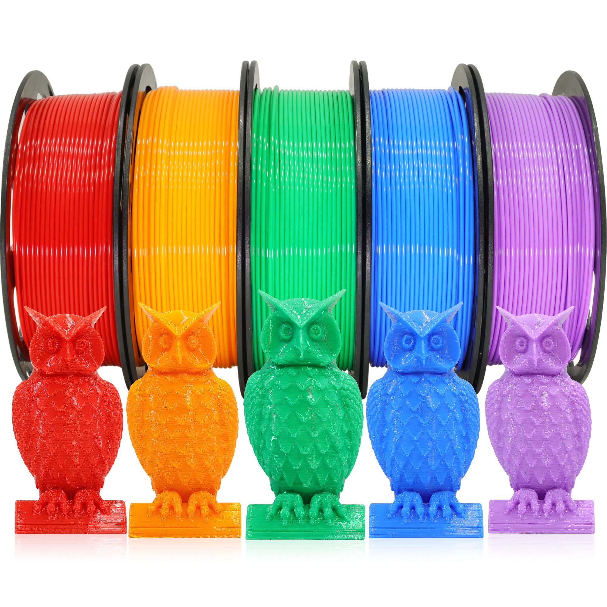 1.75mm PLA 3D Printer Filament Bundle: Glow in Dark Green/Blue/Purple/Rainbow, One Spool Clear Multi Colored, Each Spool 250g, Total 1.25Kg 3D Printing Material, 250g x 5 Spools Glow in Dark PLA
