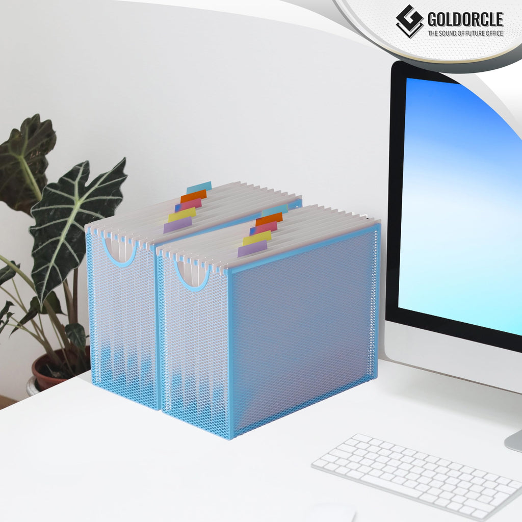 Hanging File Organizer, Letter-Size File Holder Filing Box with 5 Hanging Folders, Metal Mesh Desk File Folder Storage(No Assembly Required) (Blue, with 5 Grey Folders)