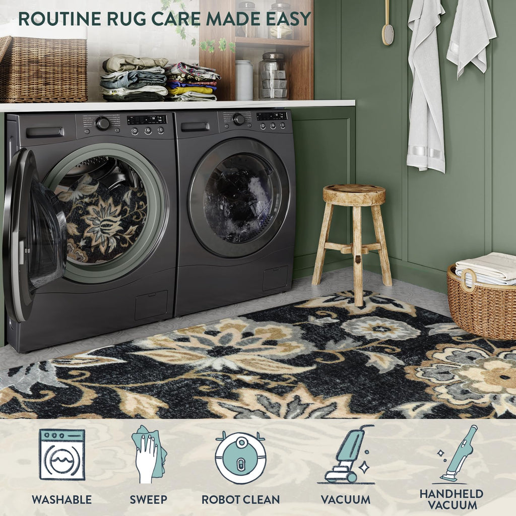 Lahome Floral Washable Area Rugs - 2x3 Non-Slip Small Entryway Rug Indoor, Throw Stain Resistant Kitchen Rugs Soft Black Paisley Print Bathroom Mats DoorMat Carpet for Bedroom Laundry Living Room Sink