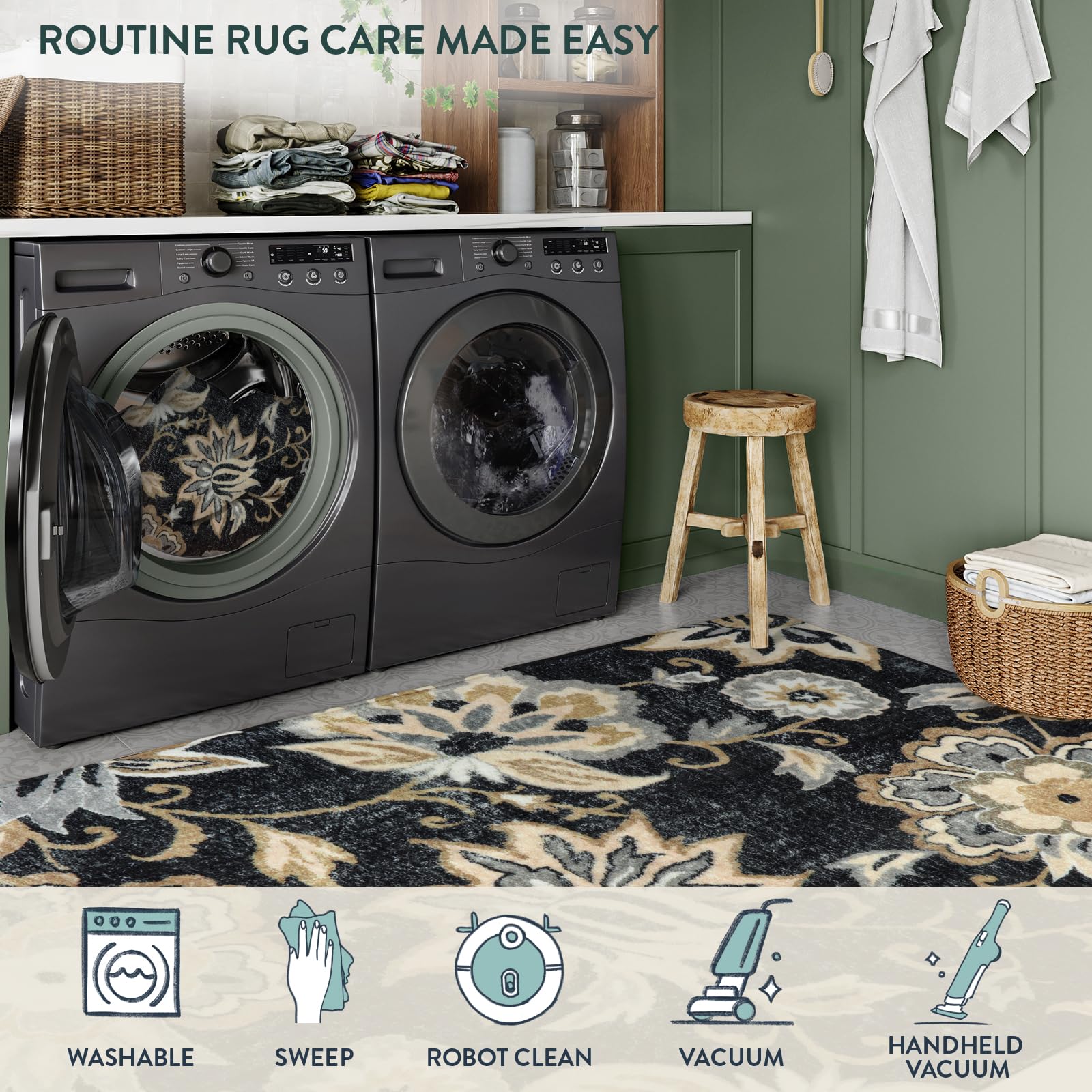 Lahome Floral Washable Area Rugs - 2x3 Non-Slip Small Entryway Rug Indoor, Throw Stain Resistant Kitchen Rugs Soft Black Paisley Print Bathroom Mats DoorMat Carpet for Bedroom Laundry Living Room Sink
