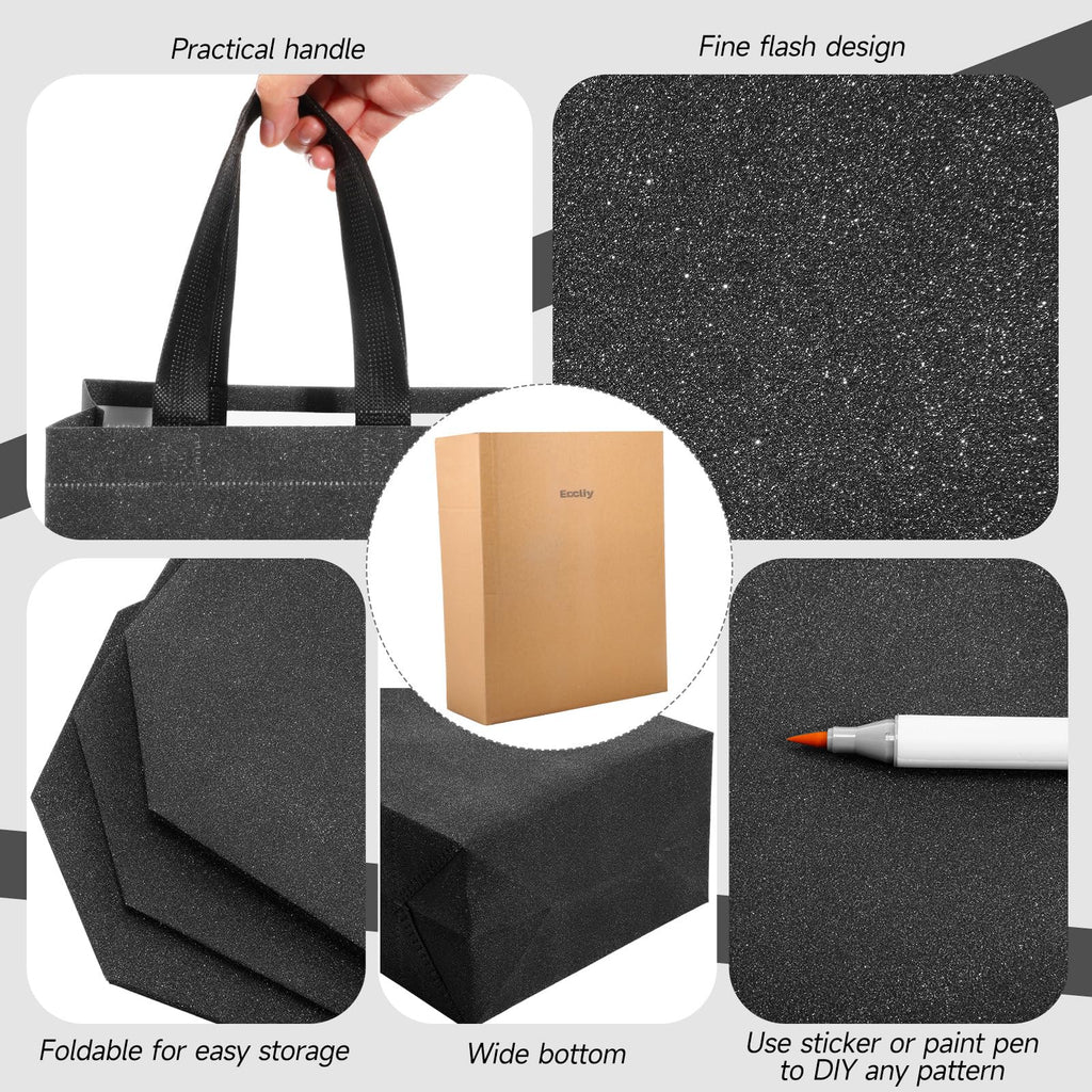 Eccliy 80 Pcs Reusable Gift Bags Set Glossy Grocery Gift Tote Bag with Hadnle for Wedding, Father's Day, Graduation, Summer Event (10 x 8 x 4.7 Inch,Black)
