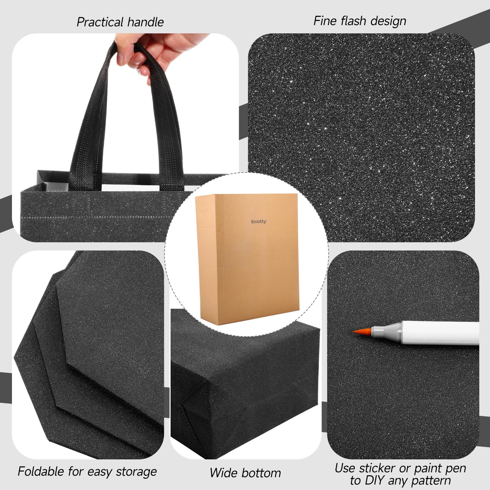 Eccliy 80 Pcs Reusable Gift Bags Set Glossy Grocery Gift Tote Bag with Hadnle for Wedding, Father's Day, Graduation, Summer Event (10 x 8 x 4.7 Inch,Black)