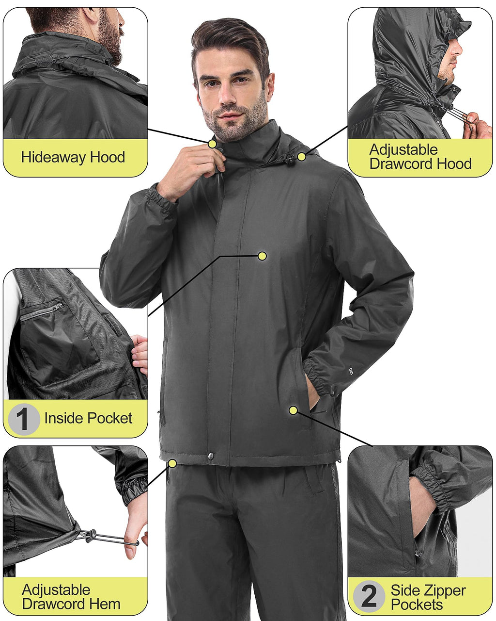 33,000ft Men's Rain Suit Packable Waterproof Lightweight Rain Gear for Golf Hiking Cycling 2 Pieces(Rain Jackets and Pants)