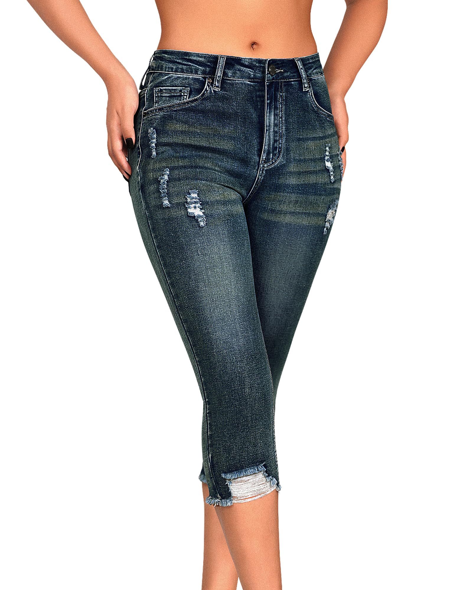 roswear Women's Capri Pants Mid Rise Skinny Ripped Stretchy Cropped Distressed Jeans