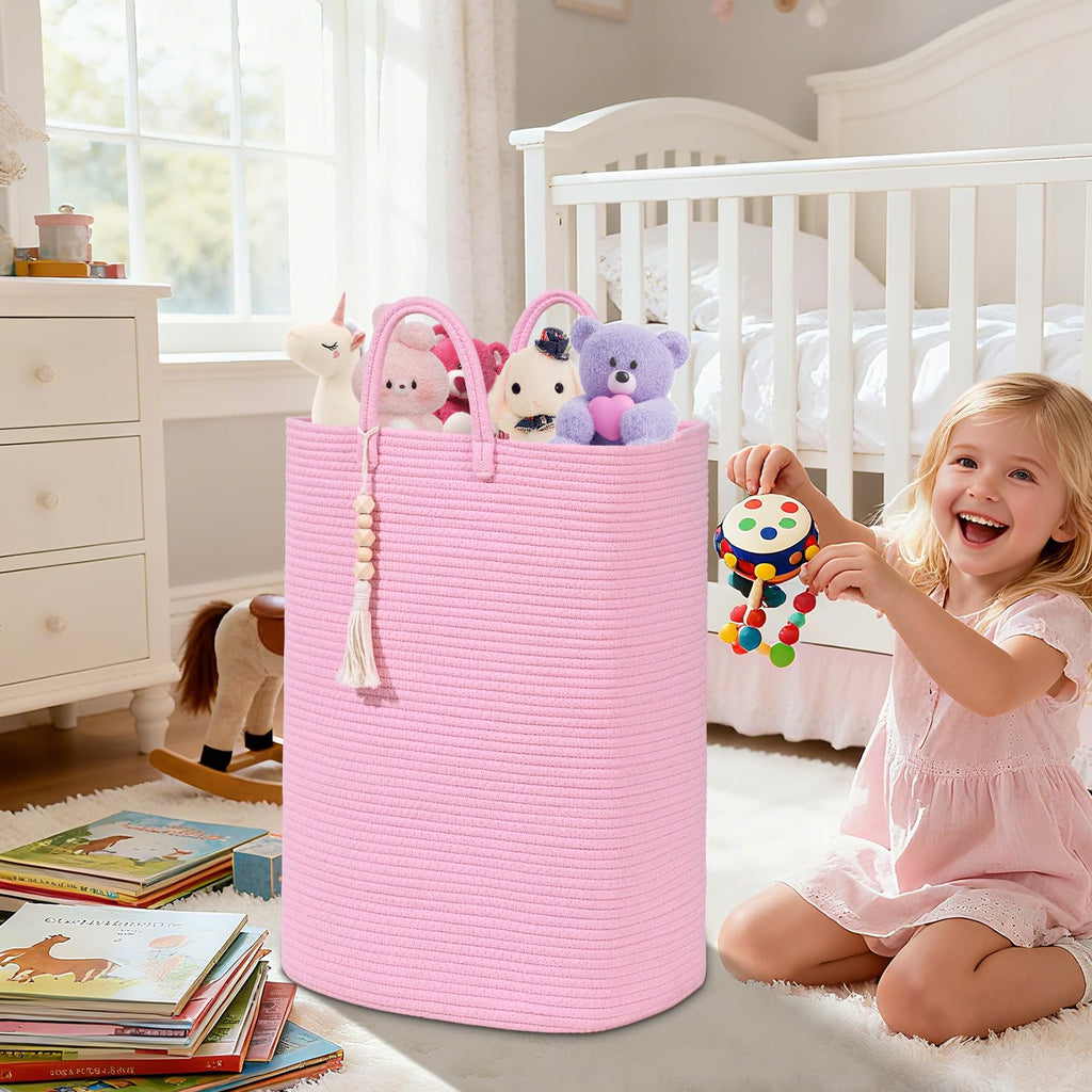 Woven Laundry Basket for Clothes, 50L Large Rectangle Laundry Hampers with Beads Tassel, Nursery Storage Basket for Toys, Tall Dirty Clothes Hamper for Bedroom Aesthetic, Laundry Room Organization