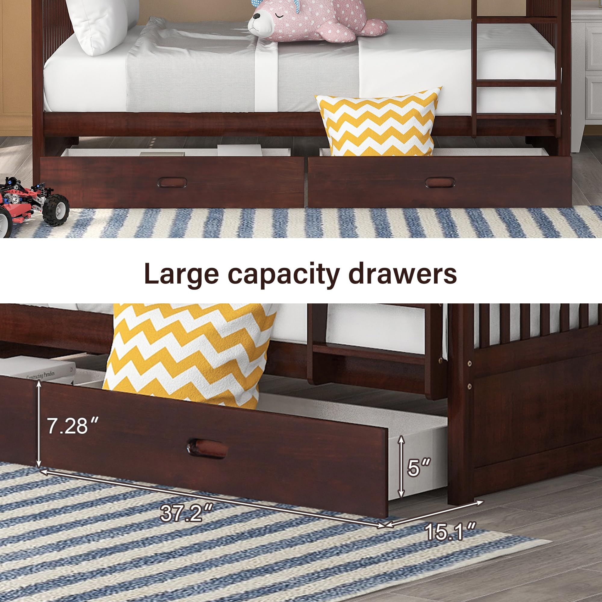 Merax Wood Bunk Bed with Two Drawers,Convertible Wood Bunk Bed with Ladders and Two Storage Drawers,Solid Wood Detachable Bed Frame with Ladders, Twin Over Full Size, Espresso