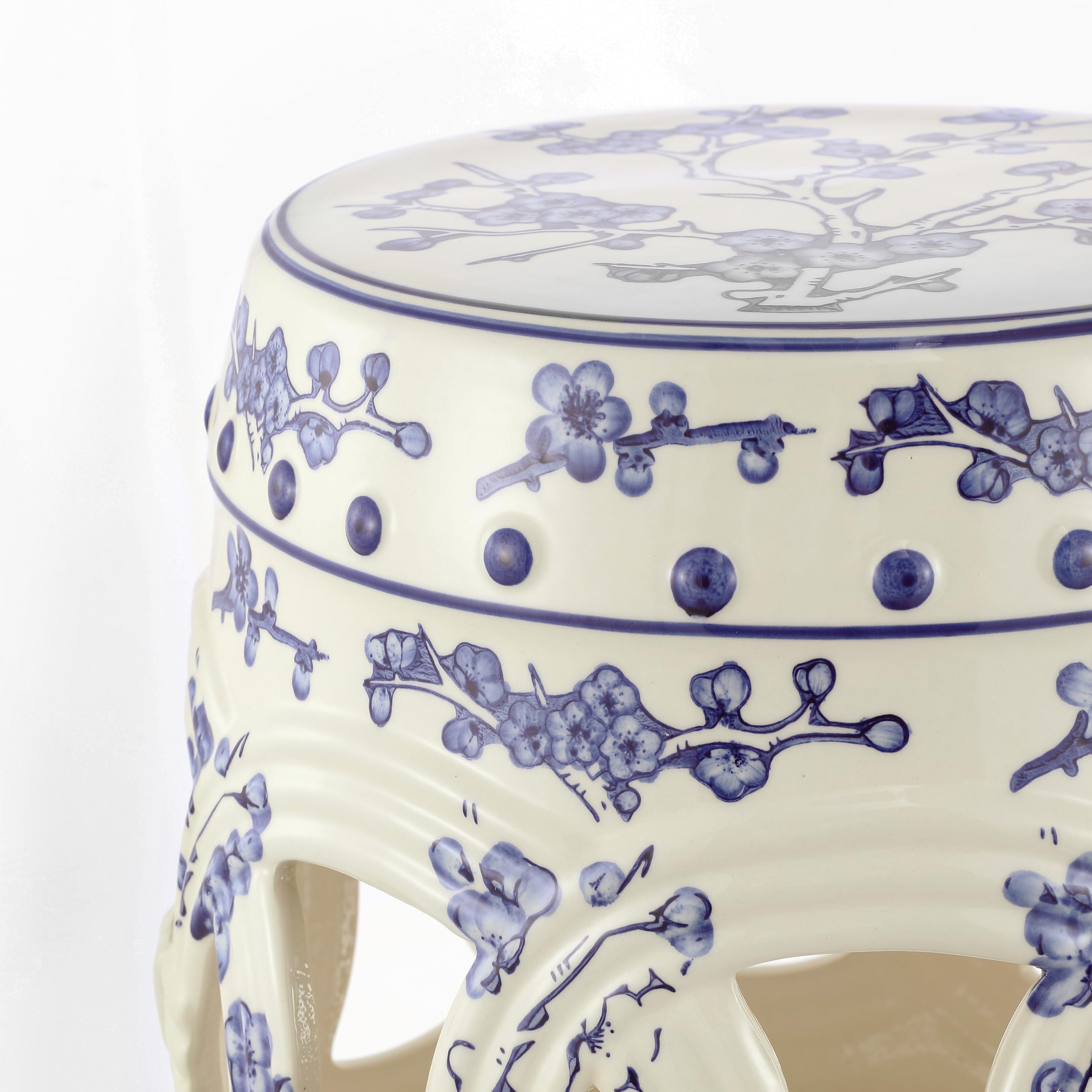 JONATHAN Y Lucky Coins 16" Ceramic Garden Stool, Contemporary Blue/White Cutout Interlocking Rings Drum Indoor/Outdoor Side Table and Plant Stand for Patio, Garden, Living Room TBL1027A