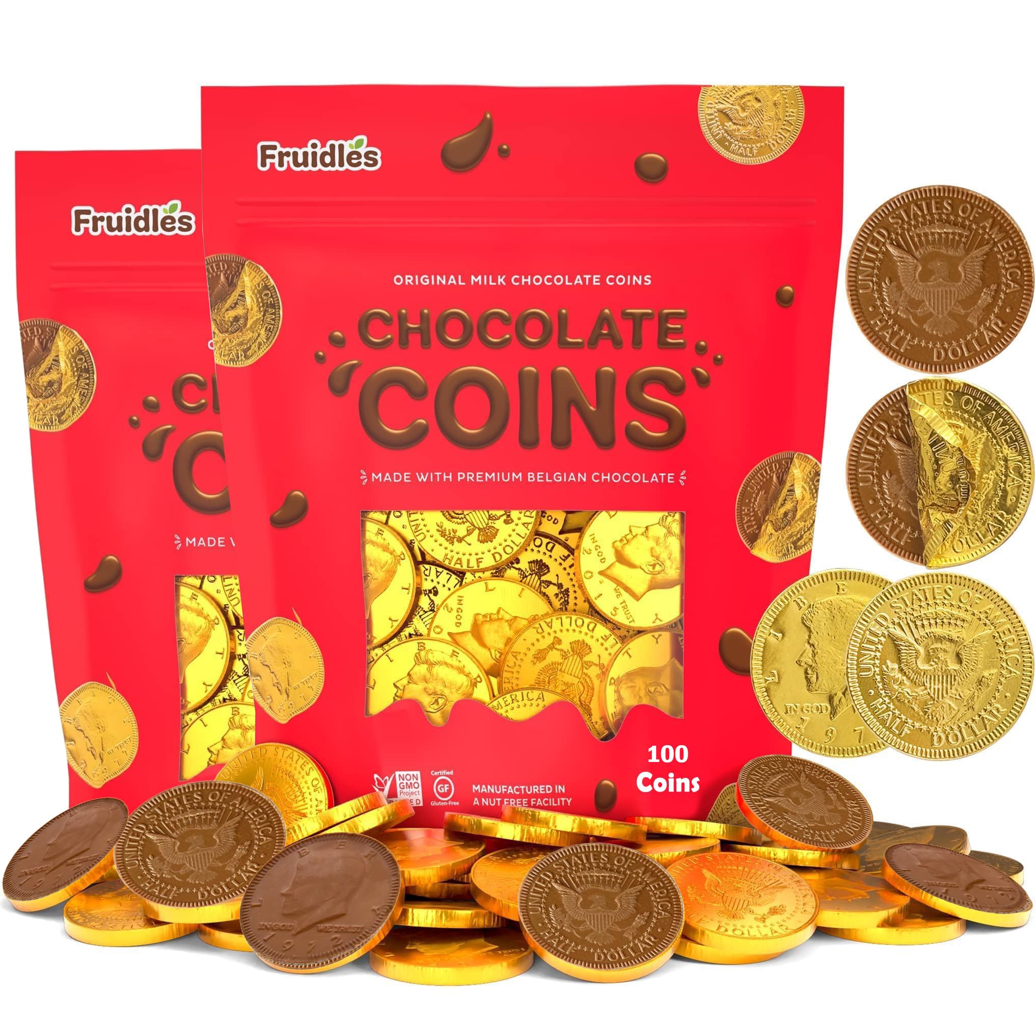 25 Edible Chocolate Coins, Gold Half Dollar Milk Chocolate, Made with Premium Belgian ingredients, Nut Free, Non-GMO, Certified Kosher Dairy 25-Pack Christmas Stocking Stuffers