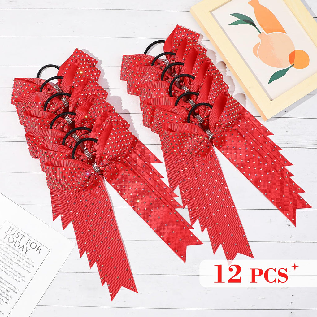 DEEKA 12 Count Collegiate Style Cheer Bows, Forest Green with Rhinestones, Handmade Bows for Girls Teens Cheerleader Sports