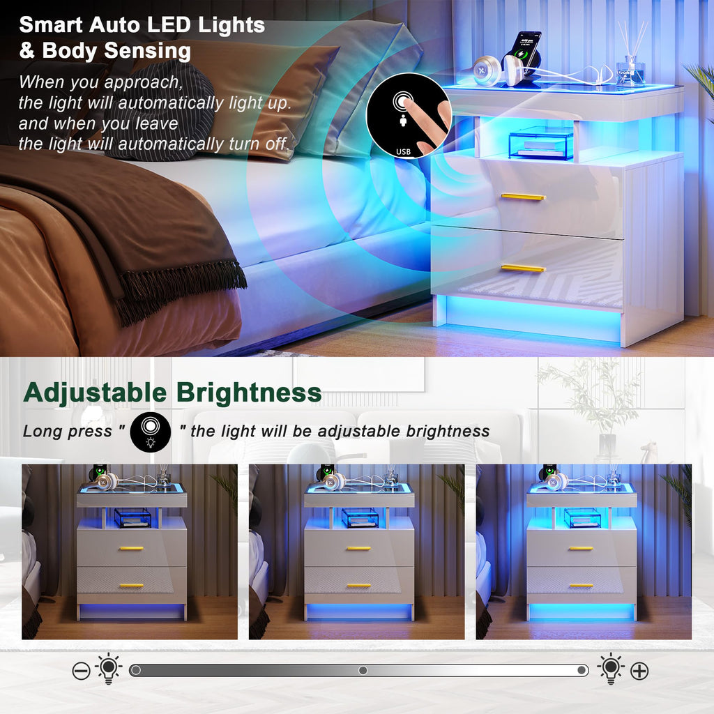 HNEBC LED Nightstand with Charging Station,Smart Bedside Table with Motion Sensor Lights,3 Drawers,Tempered Glass Top,High Gloss End Table with 3 Color Lights for Bedroom, Living Room,Office-Black