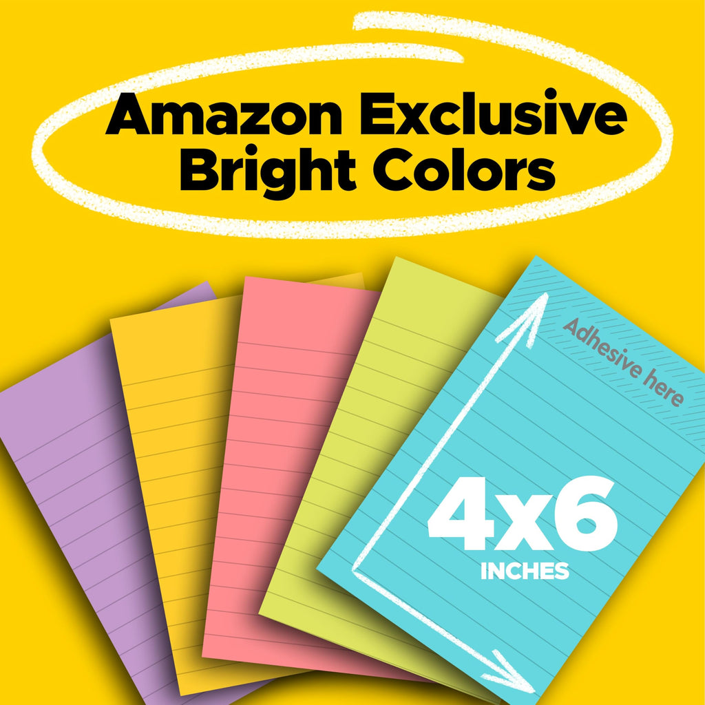Post-it Super Sticky Lined Notes, 5 Sticky Note Pads, 4x6 in, 2X the Sticking Power, Back to School Supplies for Students, Sticky Notes for Textbooks, Notebooks, and Vertical Surfaces, Bright Colors
