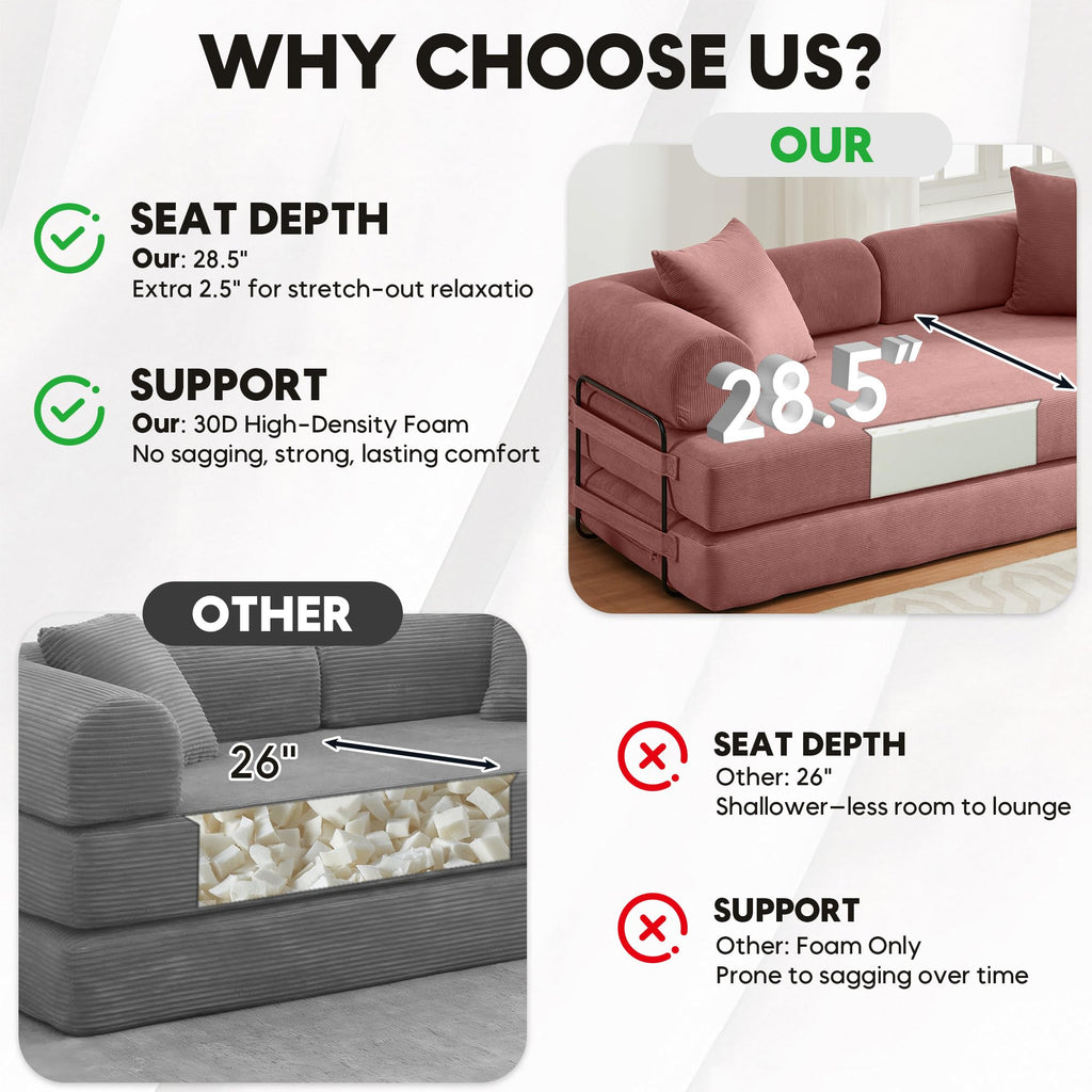 ZEIINPA 59“ Convertible Floor Sofa Bed, 5-in-1 Futon Sofa Bed Pull Out Sleeper Couch, Modern Corduroy Compressed Loveseat, Modular Boneless Couches for Living Room, No Assembly Required, Beige