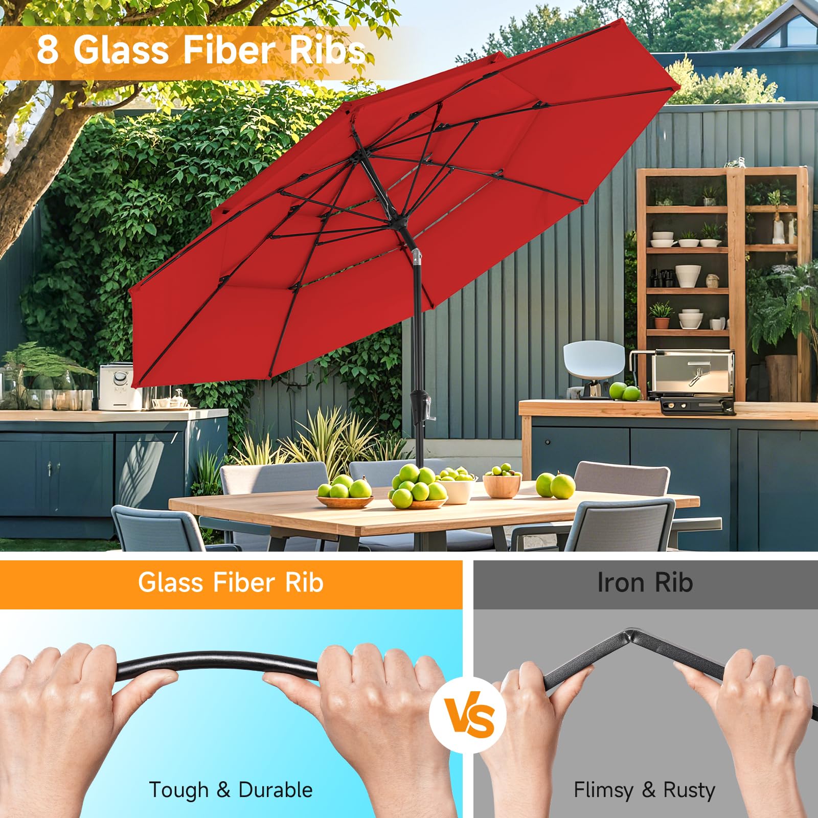 ONBRILL 10 FT Patio Umbrella, 3 Tier Outdoor Table Umbrella with 8 Sturdy Glass Fiber Ribs and Push Button Tilt, Outdoor Patio Umbrellas for Market Pool Garden Backyard, 1.5" Pole, Blue (No Base)