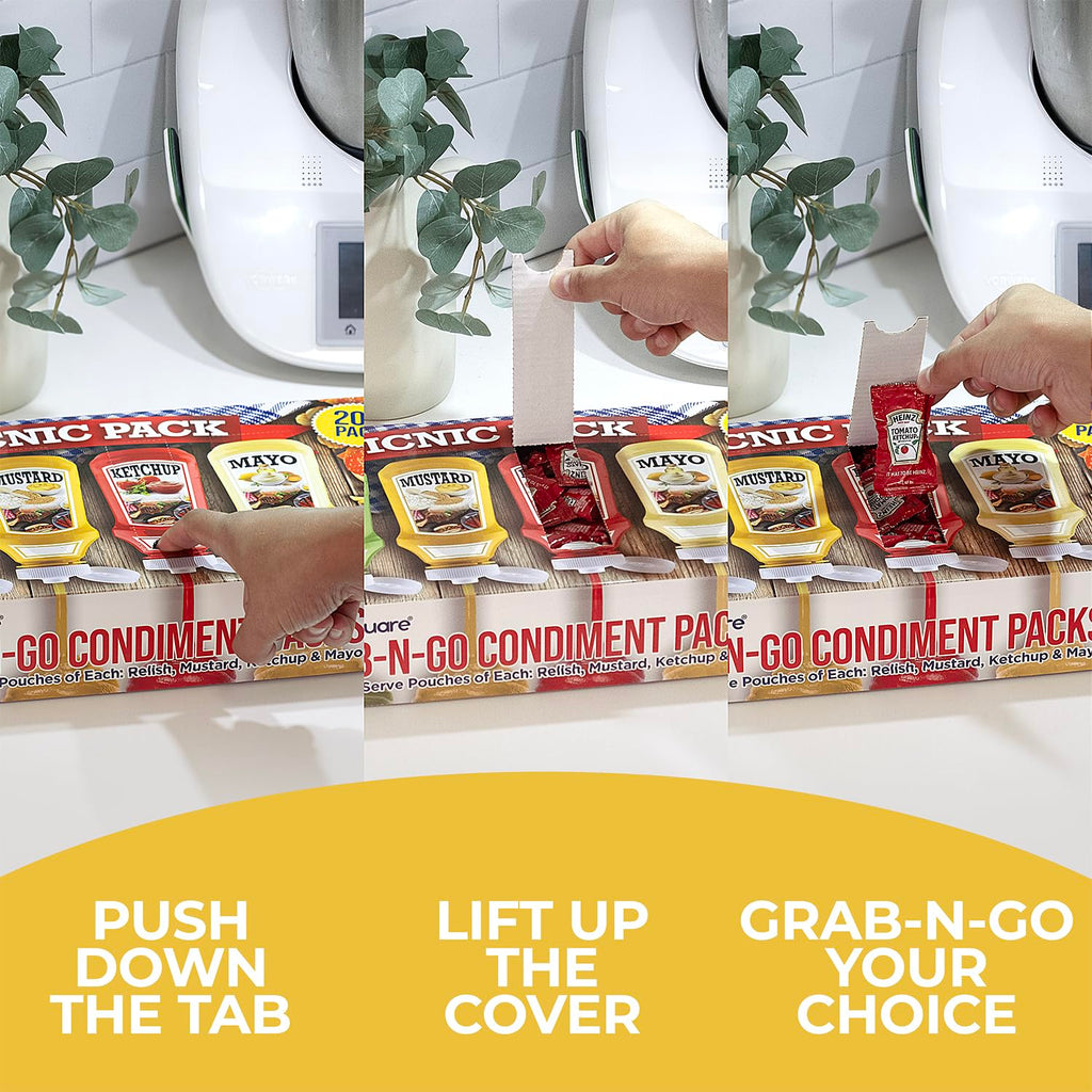 Grab-n-Go Condiment Packs - 50 Single Serve Pouches of Each: Ketchup, Mustard, Relish, and Mayo - Great for Picnics, Boxed Lunch, BBQ, Travel, Picnic and Parties (200 Condiment Packets Total)